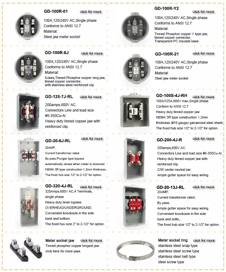 Single Phase 100A Round Meter Socket Meter Base Box Dual Aluminum 4jaw Round Electric Meter Socket